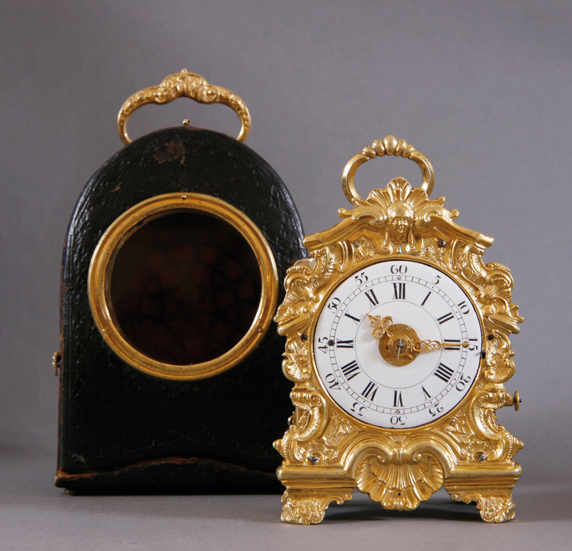 Baroque carriageclock with original case by Jacob Guldan, c. 1740/1750.