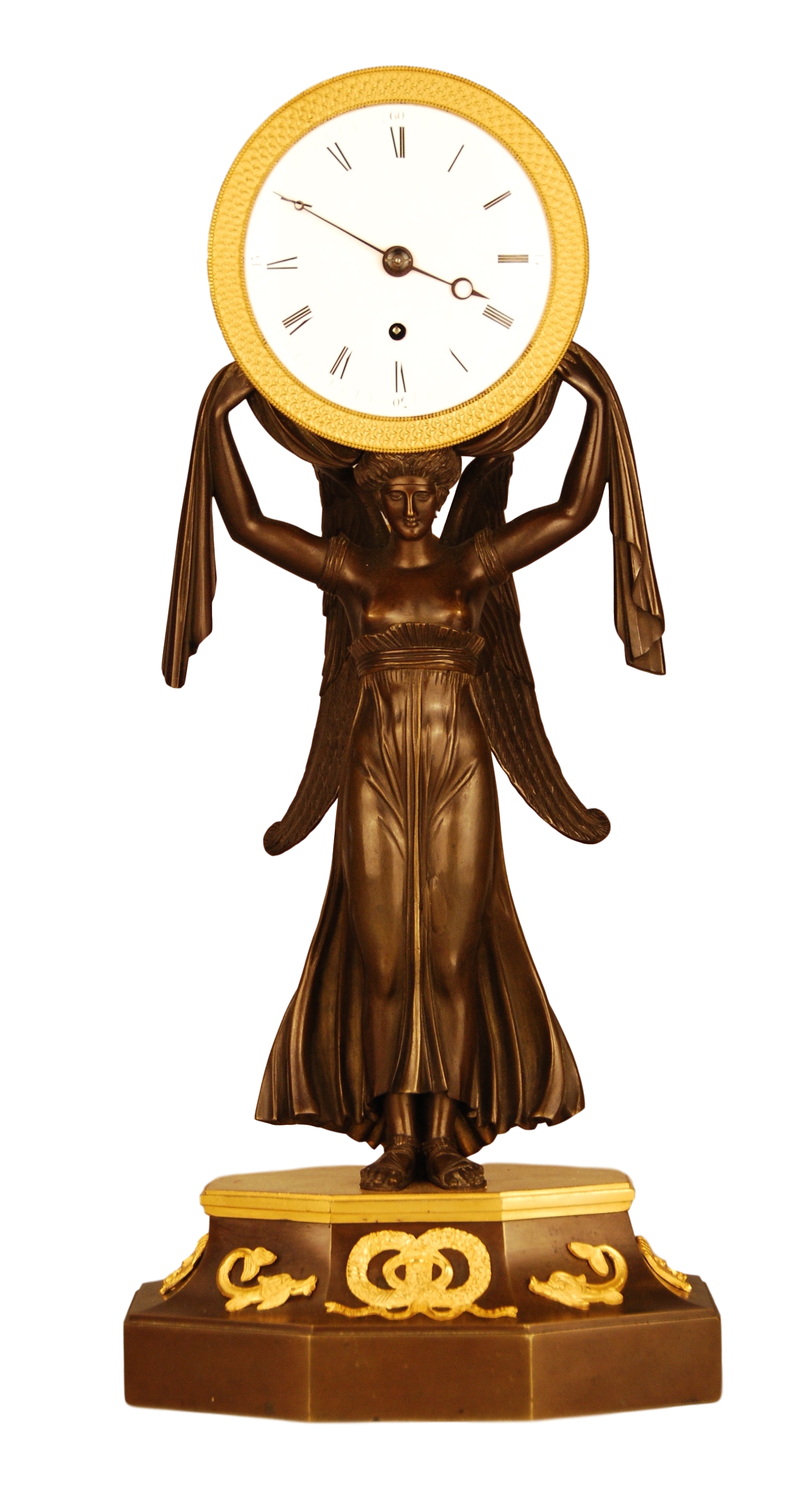 Bronzen 'Aurora' pendule met snekuurwerk. ca. 1820