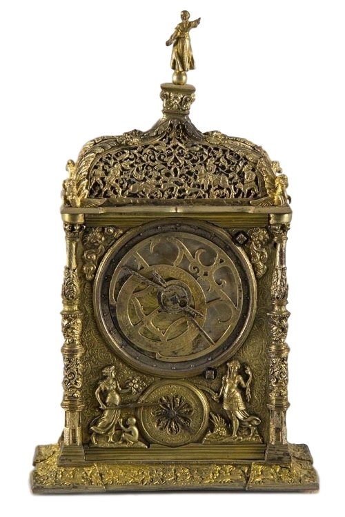 High rectangular astronomical Augsburger clock with corner posts, ca. 1850