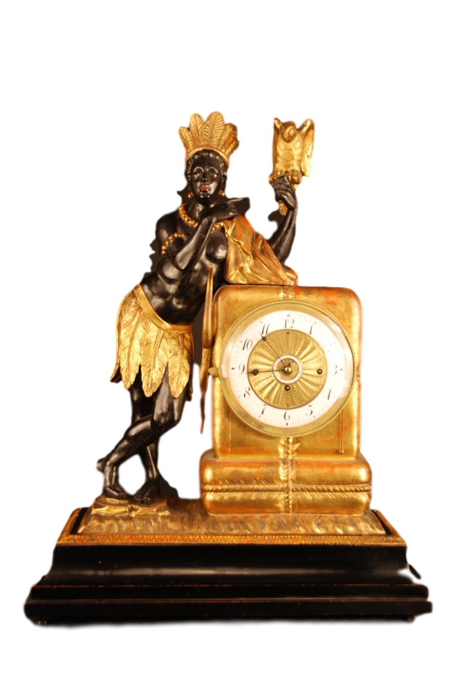 Wooden viennese 'au bon sauvage' clock with moving eyes automaton and music box.