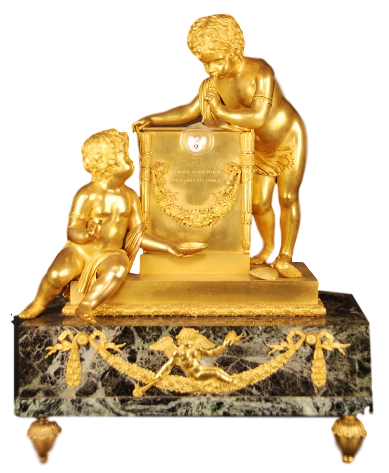 An extremely fine Empire mantle clock of eight day duration, and engraved “Un souffle la fait naître un souffle la détruit ainsi dans nos plaisirs l’heure apparaît et fuit”.