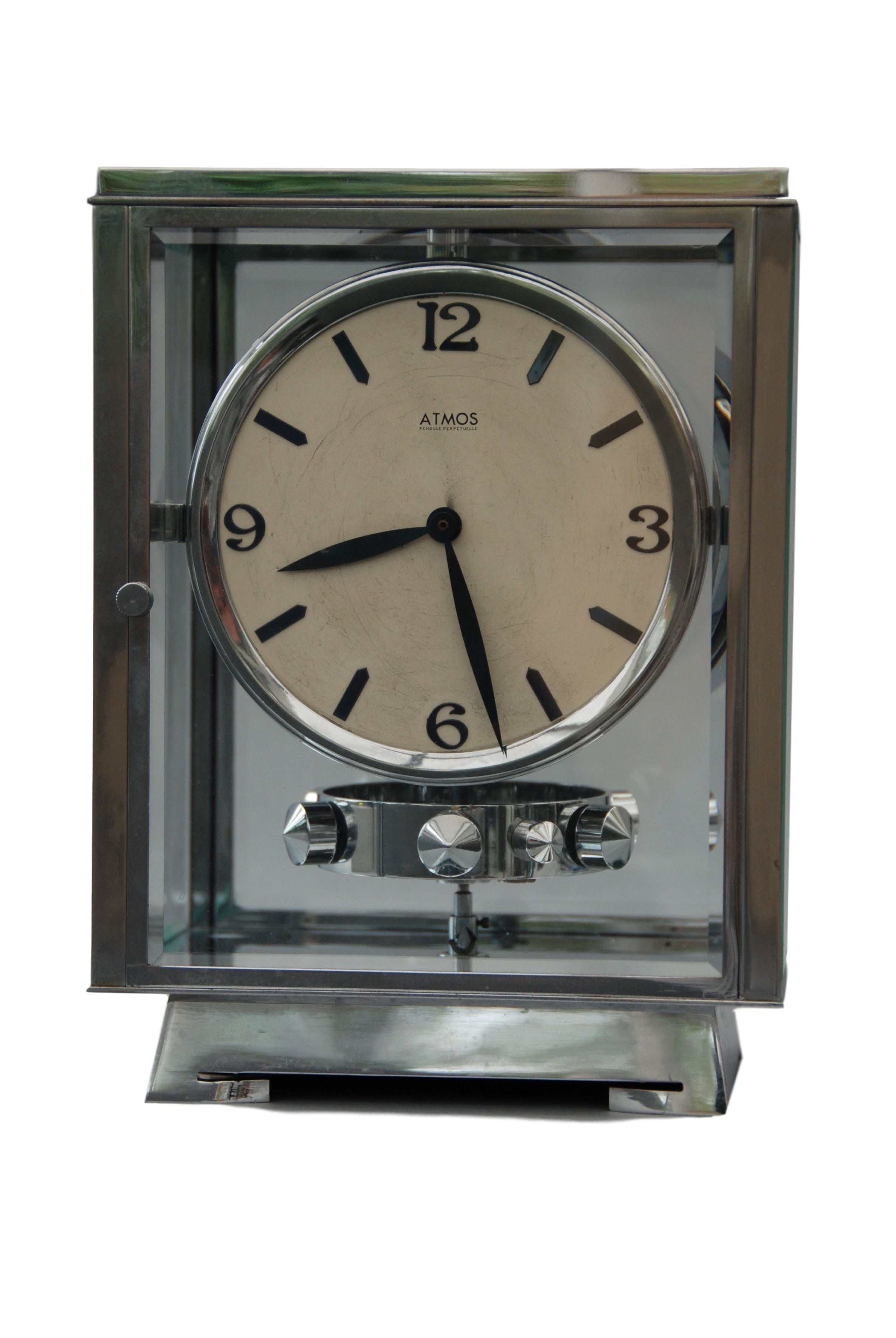 An early 1932 Rhodium plated art deco J. L. Reutter four-glass clock