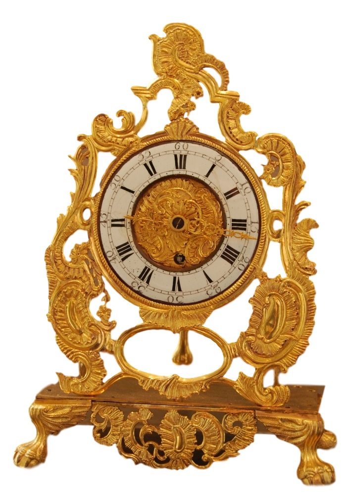 A rare and most unusual Louis XV mantel clock of fire-gilt ormolu signed by Henri Rossius A Liege.