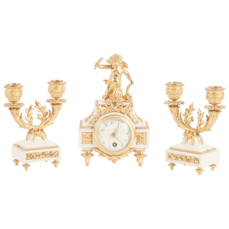 Nice Decorative Miniature Three-Piece White Marble and Ormolu Clock Set