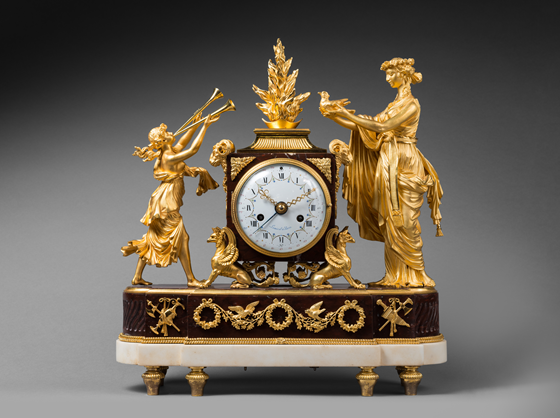 Rare Gilt Bronze and Rouge Griotte Marble Mantel Clock 
“The Sacrifice to Love”
Paris, late Louis XVI period, circa 1790
 