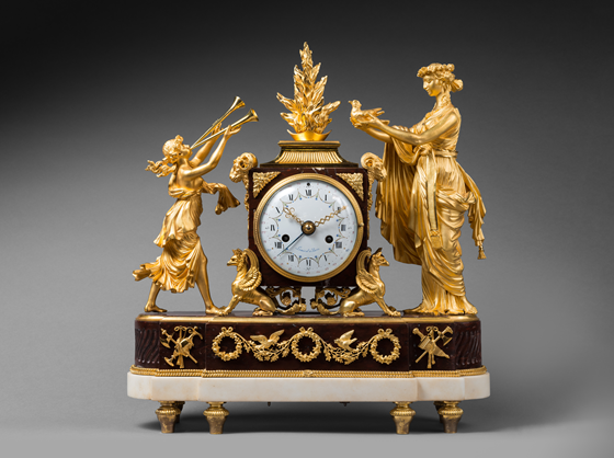 Rare Gilt Bronze and Rouge Griotte Marble Mantel Clock 
“The Sacrifice to Love”
Paris, late Louis XVI period, circa 1790
 