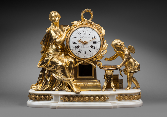 Robert Robin (1741-1799)
Case Attributed to Robert Osmond (1711-1789)
Important Chased and Gilt Bronze Mantel Clock 
“Allegory of Knowledge”