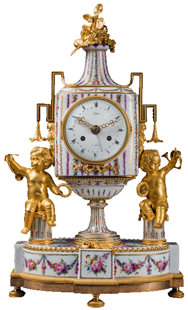 A French, eighteenth-century Louis XVI porcelain and ormolu brass mantel clock, signed Godon, c. 1790.