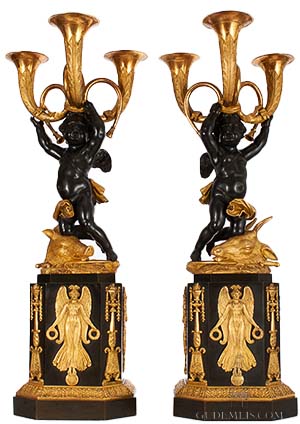 A pair of important French Empire ormolu and bronze sculptural candelabra, 'Hunting' circa 1800.