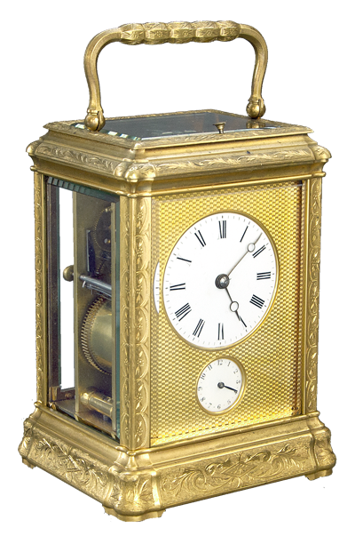 A profusely engraved Gorge case mask dial carriage clock. French c. 1870.