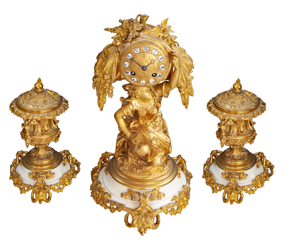 A small antique and very decorative 'Garniture de Cheminée' mantel clock featuring Demeter, the goddess of harvest and fertility. c. 1870