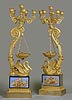 A very rare pair of Empire gilt bronze and polychrome painted enamel six-light candelabra with brûle-parfums attributed to Pierre-Philippe Thomire