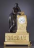 A very fine Empire gilt and patinated bronze figural mantle clock of eight day duration, signed on the white enamel dial Ch.les Le Roy