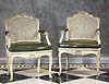 An extremely fine set of six Louis XV cream and rustic green painted beechwood fauteuils à la reine attributed to Jean Gourdin