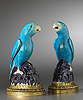 An extremely fine pair of Régence gilt bronze mounted Kangxi turquoise glazed porcelain parrots