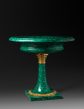 Attributed to the Imperial Lapidary Workshop in Ekaterinburg
Fine and Large Malachite and Chased Gilt Bronze Tazza 
Russia, first third of the 19th century, circa 1815