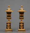 Pair of Chased Gilt and Patinated Bronze Vases with Lids Forming Candlesticks 
Paris, late Empire period, circa 1815
Height 36 cm; base 9.9 x 9.6 cm
 