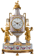 A French, eighteenth-century Louis XVI porcelain and ormolu brass mantel clock, signed Godon, c. 1790.