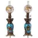 A pair of cloisonné oil lamps, Barbedienne mounted circa 1880