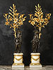 A wonderful and unusually large sized pair of Louis XVI gilt and patinated bronze and white marble three-light figural candelabra