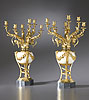 A superb pair of Louis XVI gilt bronze and white marble six-light candelabra