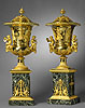 A rare and important pair of Empire gilt bronze and Vert de Mer marble covered vases attributed to Claude Galle