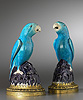 An extremely fine pair of Régence gilt bronze mounted Kangxi turquoise glazed porcelain parrots