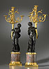 A superb pair of Louis XVI gilt and patinated bronze and Villefranche de Conflent marble four-light figural candelabra attributed in part to François Rémond 