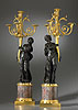 A superb pair of Louis XVI gilt and patinated bronze and Villefranche de Conflent marble four-light figural candelabra attributed in part to François Rémond