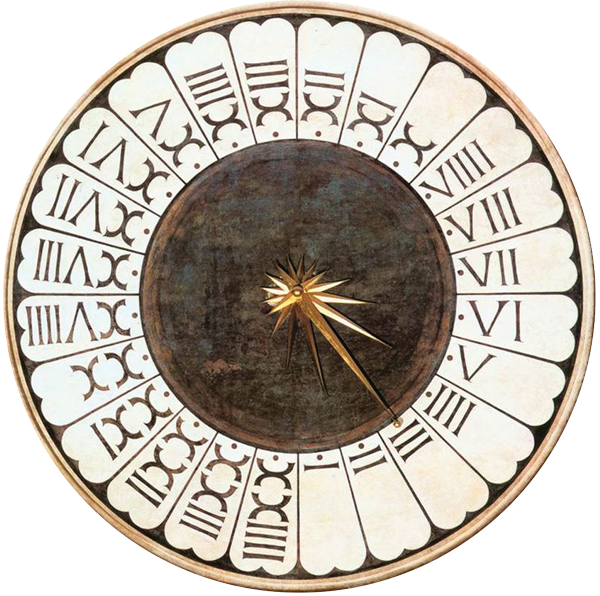 A roman numeral IIII on an Italian public clock dial with counter wise rotating hour hand, Florence c.1450