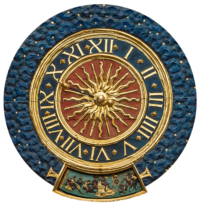 A Roman numeral IIII on a public astronomical clock dial, Rouen c.1389.