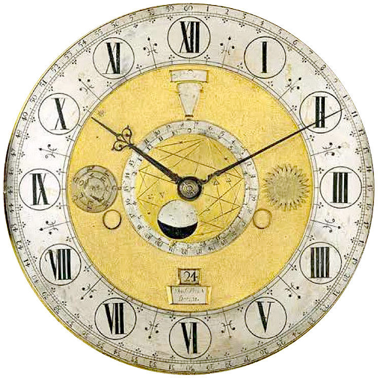 Roman numerals on the dial of an English longcase clock with Roman-striking c.1680, 